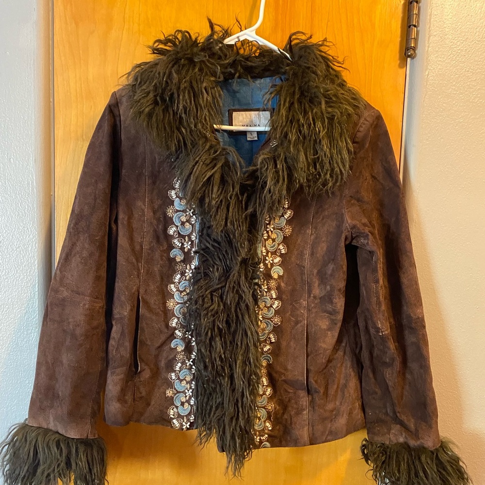 Oughty Naughty Suede Leather Jacket with Persian Lamb collar.